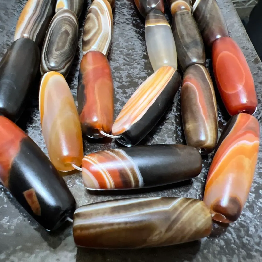 Thumbnail of C5253 High Quality Line Agate Dzi Bead Red & Brown Approximately 14*40mm 8 pieces