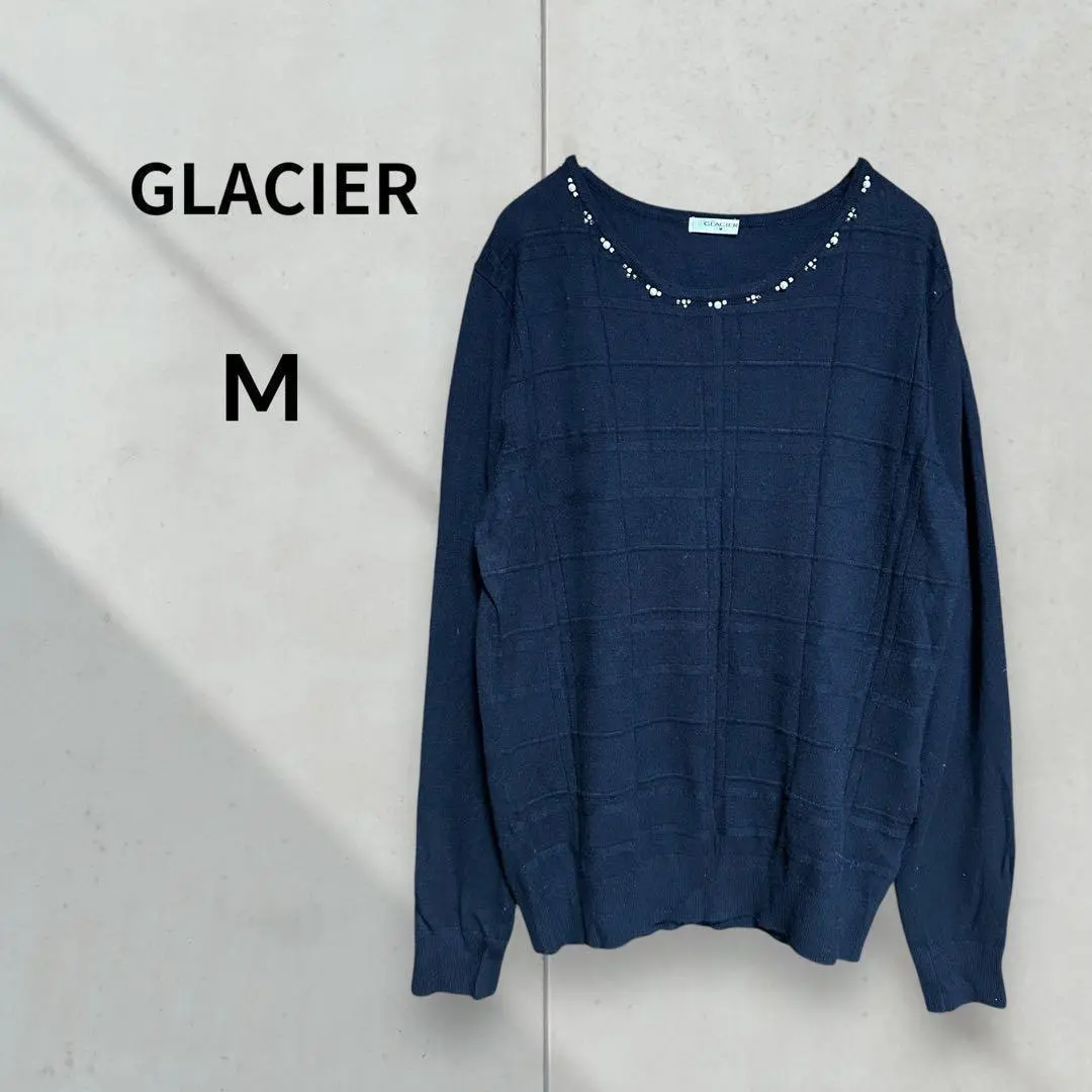 Thumbnail of GLACIER ◆ Long Sleeve Knit Sweater, Beaded Neckline, Navy, Elegant, Size M