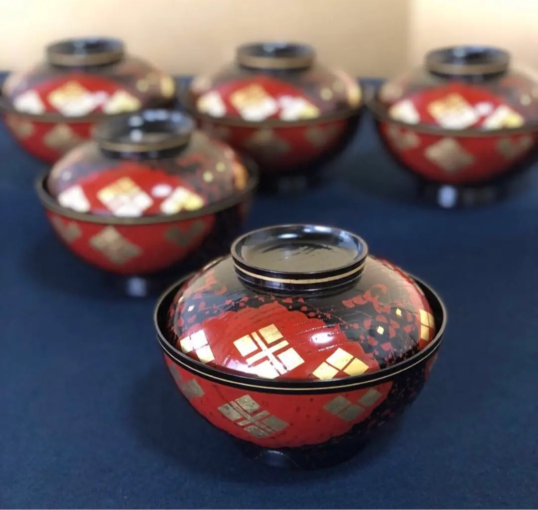 未使用 懐石道具 木製 柿合塗 正法寺蒔絵 箸洗 5客揃 小吸物椀 未使用 懐石道具 木製 柿合塗 正法寺蒔絵 箸洗 5客揃 小吸物椀