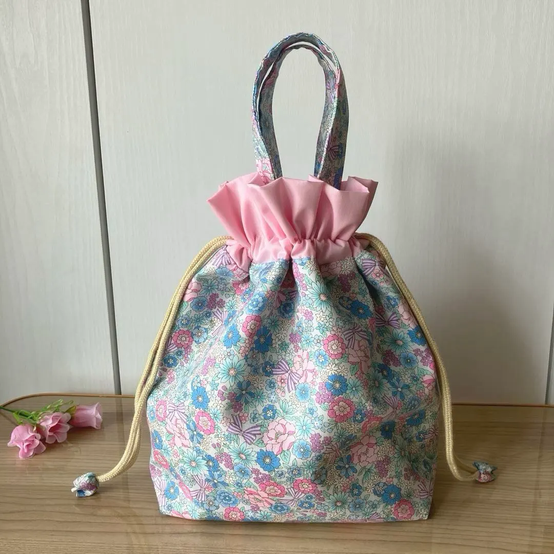 Thumbnail of Drawstring bag, floral, colorful, with bottom board, handmade
