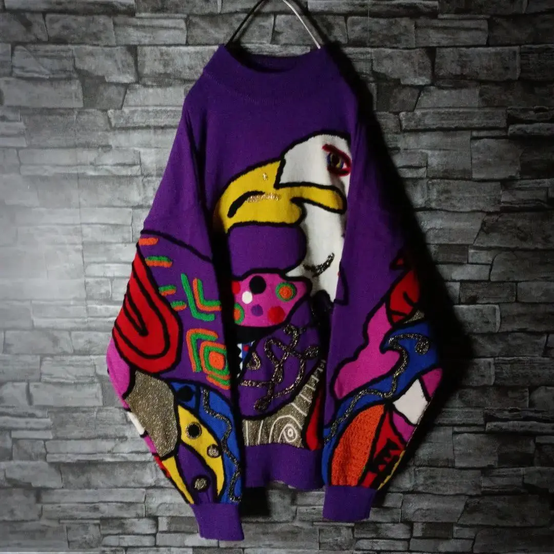 Thumbnail of Flashy and Quirky? ☆ Pop Art Wool Knit Sweater Mock Neck Bird Unique Vintage