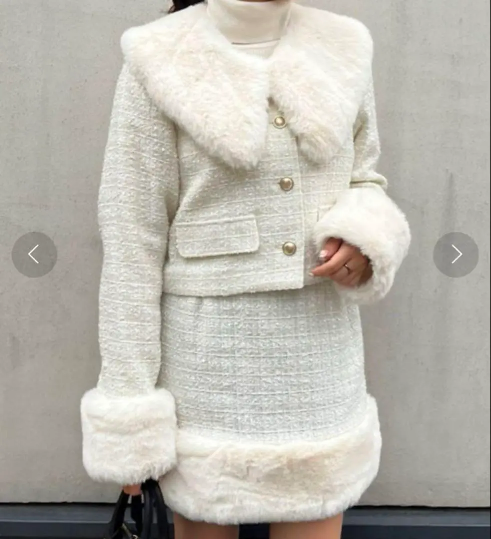 NICE CLAUP 附毛絨假毛皮粗花呢套裝 白色 的縮圖