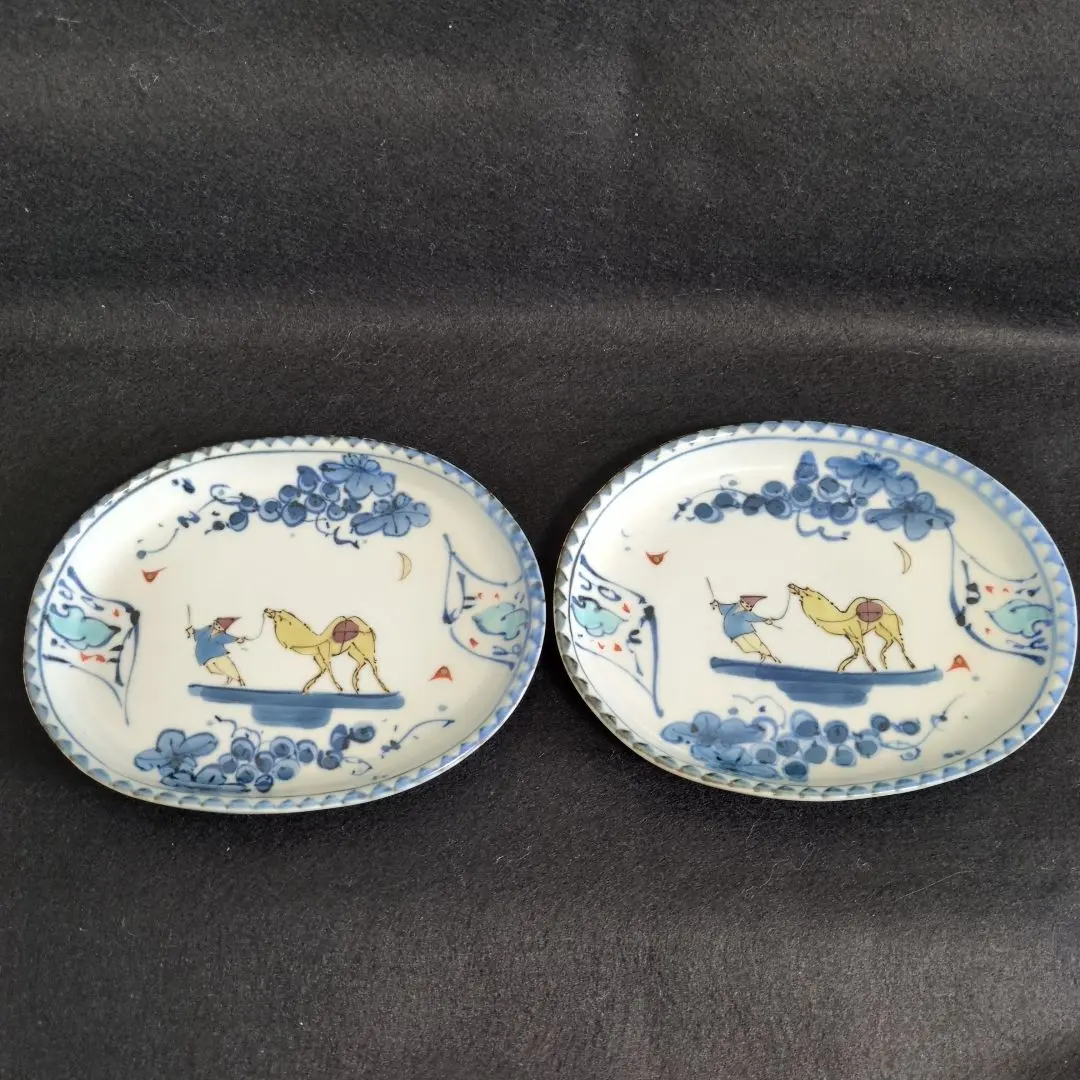 有田焼 谷鳳窯　宮崎祐輔作　染付葡萄駱駝　小判皿揃　お皿✖️5枚 有田焼 谷鳳窯 宮崎祐輔作 染付葡萄駱駝 小判皿揃 お皿