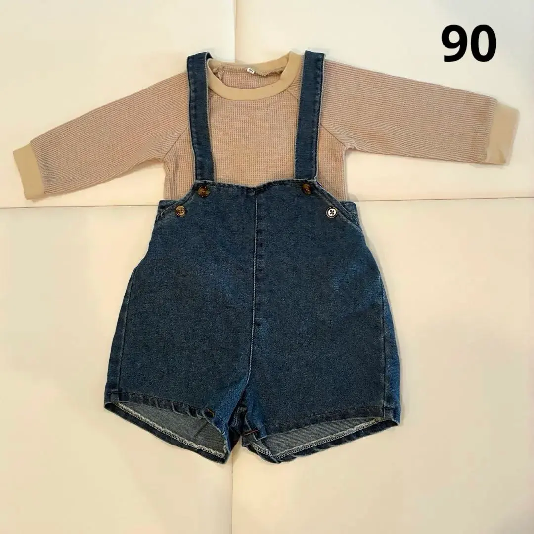 Thumbnail of Baby clothes set, size 90. Salopettes, denim, sweatshirt, waffle knit, beige.