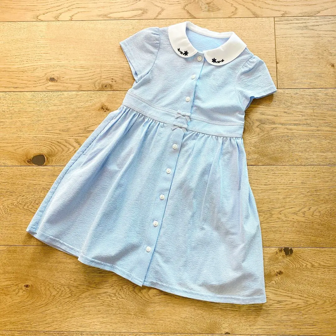 新品 組曲 領口花卉刺繡 連衣裙 短袖 藍色 120-130 的縮圖