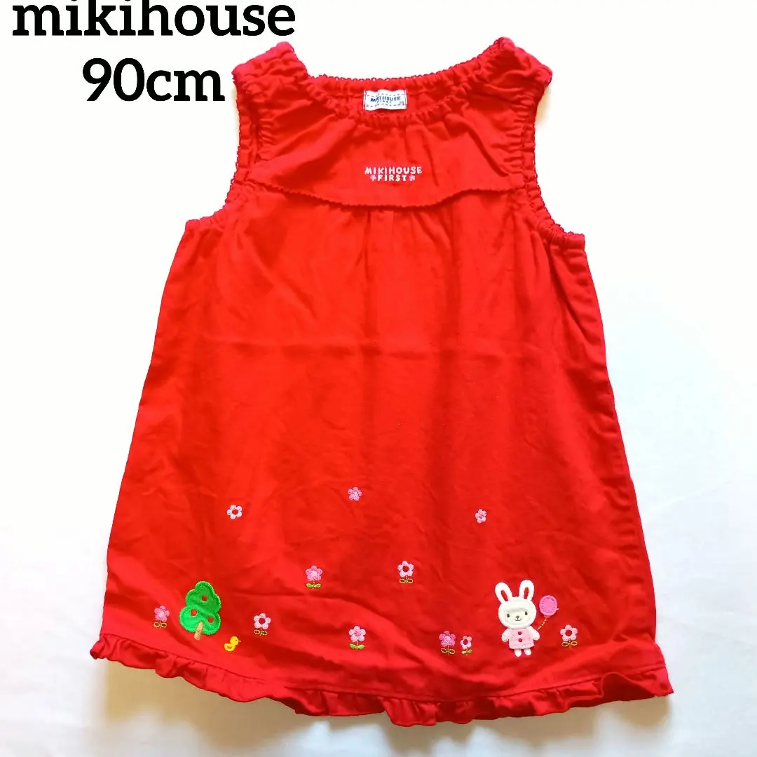 Thumbnail of Mikihouse Frill Sleeveless Dress 90cm Red, Excellent Condition, Rabbit & Flower Embroidery