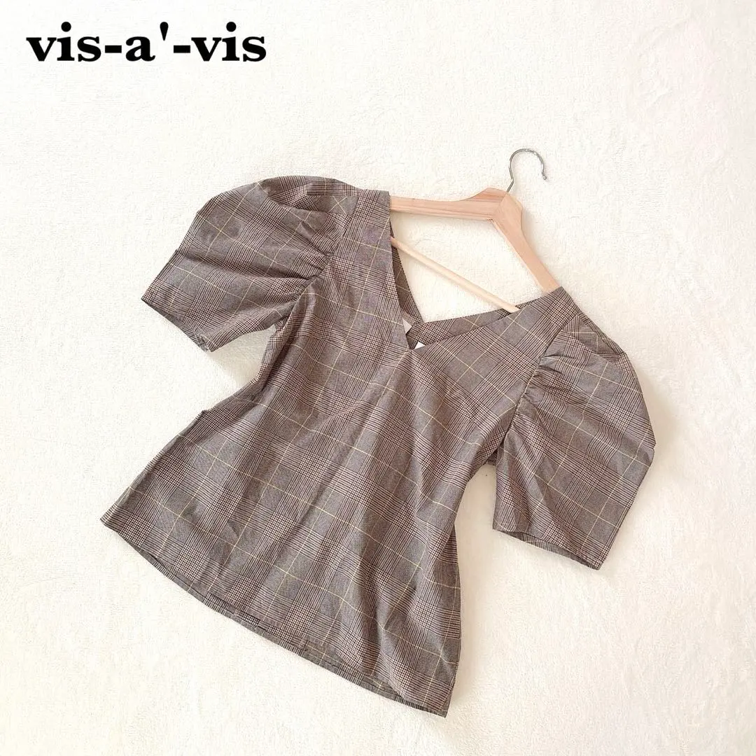 Thumbnail of Unused Vis-à-vis Check Shirt, Puff Sleeves, F, Brown, V-neck