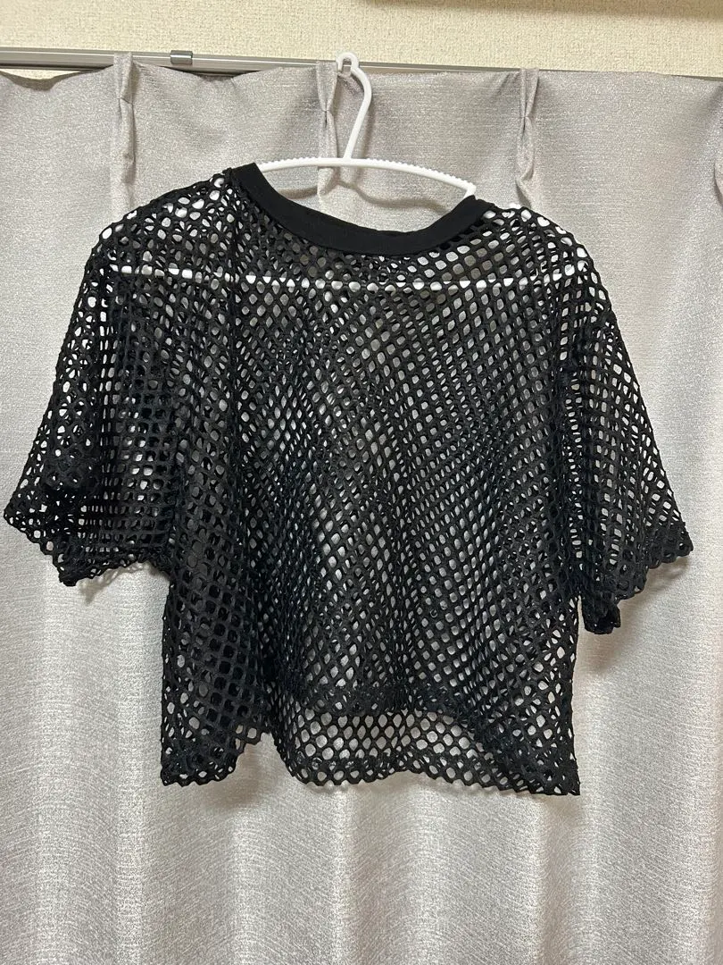 Thumbnail of Black mesh cropped top, short sleeves, street style, dance costume