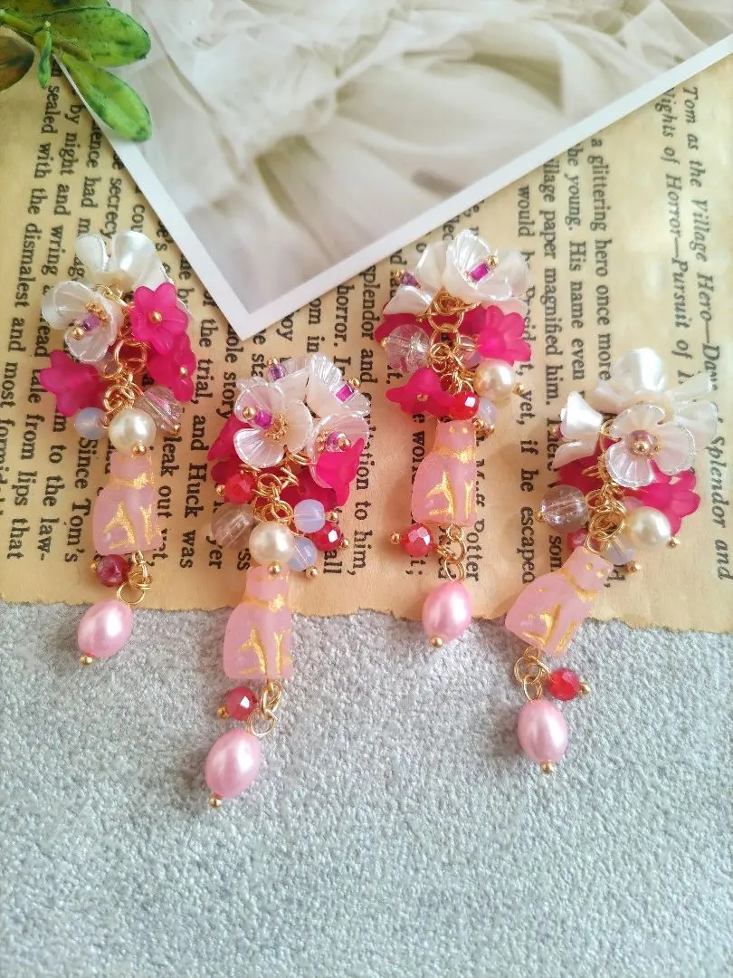 Thumbnail of 905★ 2 pairs (4 pieces) original charms, connectors, acrylic flowers, cats, neko (cat)