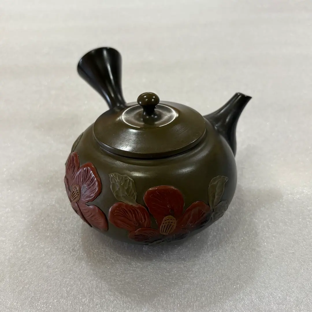 常滑名人 伊藤昭陽作 窯変 色絵花草彫 一人用茶器 急須 茶注 未使用品 共箱 常滑焼 伊藤昭陽作茶窯変あやめ彫急須 煎茶道具 紫砂急須 あやめ
