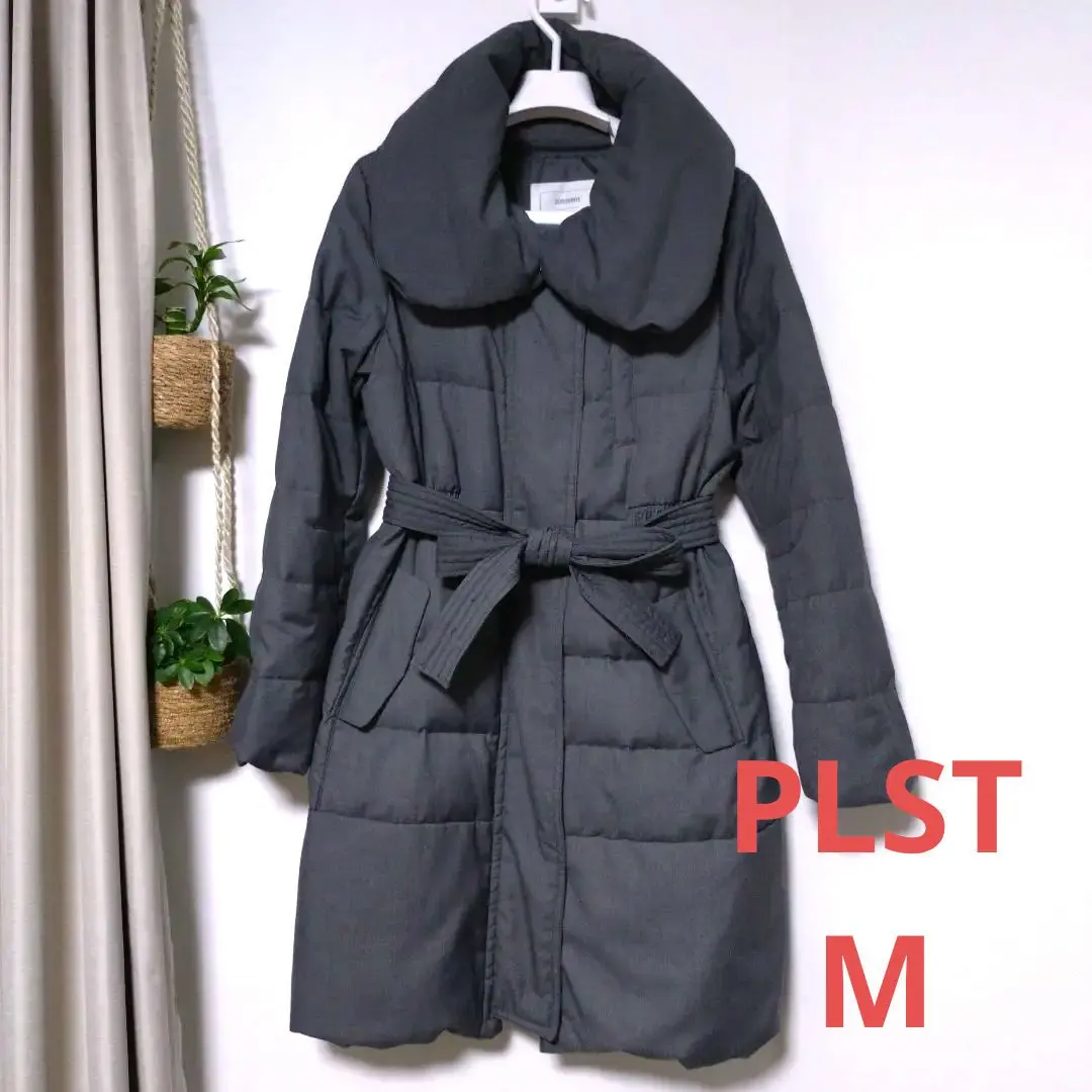 PLST 披肩領 長款羽絨大衣 附腰帶 深灰色 M 的縮圖