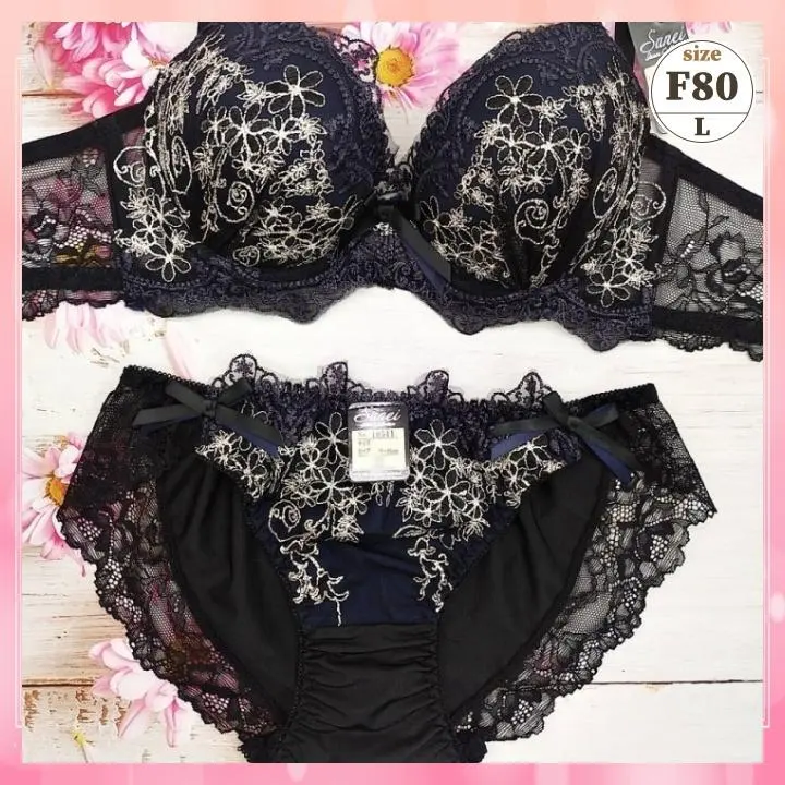 Thumbnail of f8004 [F80] Bra and Panty Set, High-Side, Beautiful Cleavage, Beautiful Bust, Full of Flowers, Black