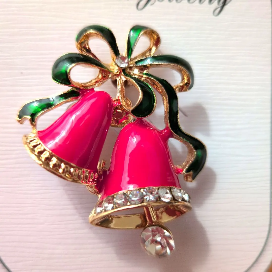 Thumbnail of Pink bell and ribbon brooch - Christmas