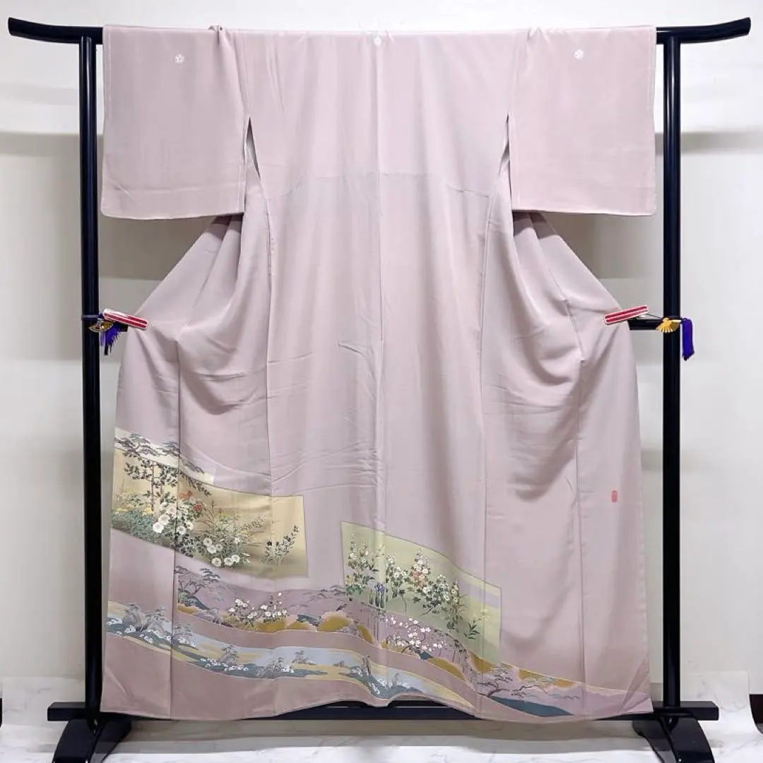 Thumbnail of Artist-made Iro-tomesode (semi-formal colored kimono) with gold accents, three family crests, attached lining, floral and landscape patterns, kimono, 025k