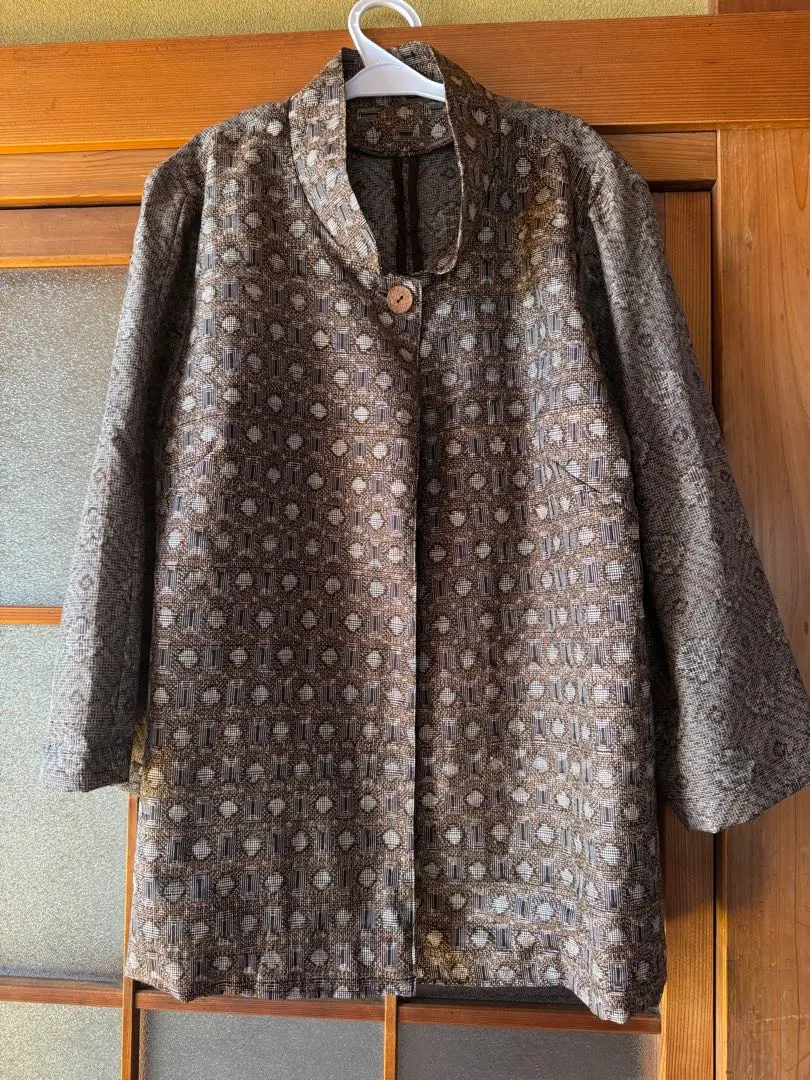 Thumbnail of Silk Oshima Tsumugi Patchwork Long Jacket in Brown Patterns