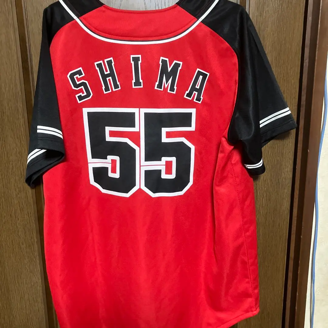 未使用 広島カープ 嶋重宣 55番 直筆サイン付 ビジター ハイクオリティ ユニフォーム サイズL デサント 旧縦じまビジター 赤ゴジラ レア 広島カープ 嶋重宣 55番 直筆サイン付き ビジター ハイ