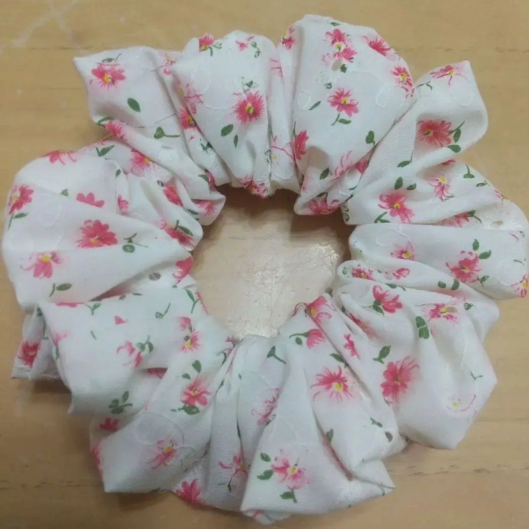 Thumbnail of Only 3 left! Ivory x Pink Embroidered Floral Cotton Lace Scrunchie ♡ Handmade