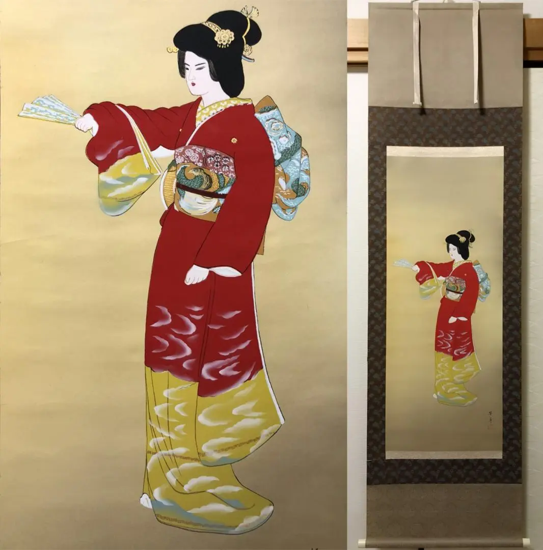 掛け軸、浮世絵美人画絹本、小磯崎雪窓画(浮世絵名歌川芳秀）