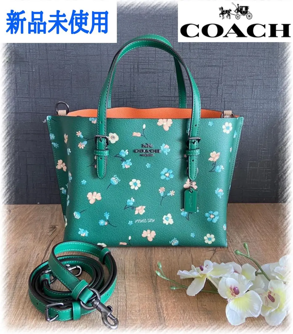 美品 正規品 コーチ COACH トートバッグ 花柄 フラワー グリーン 白 美品 正規品 コーチ COACH トートバッグ 花柄 フラワー グリーン 白