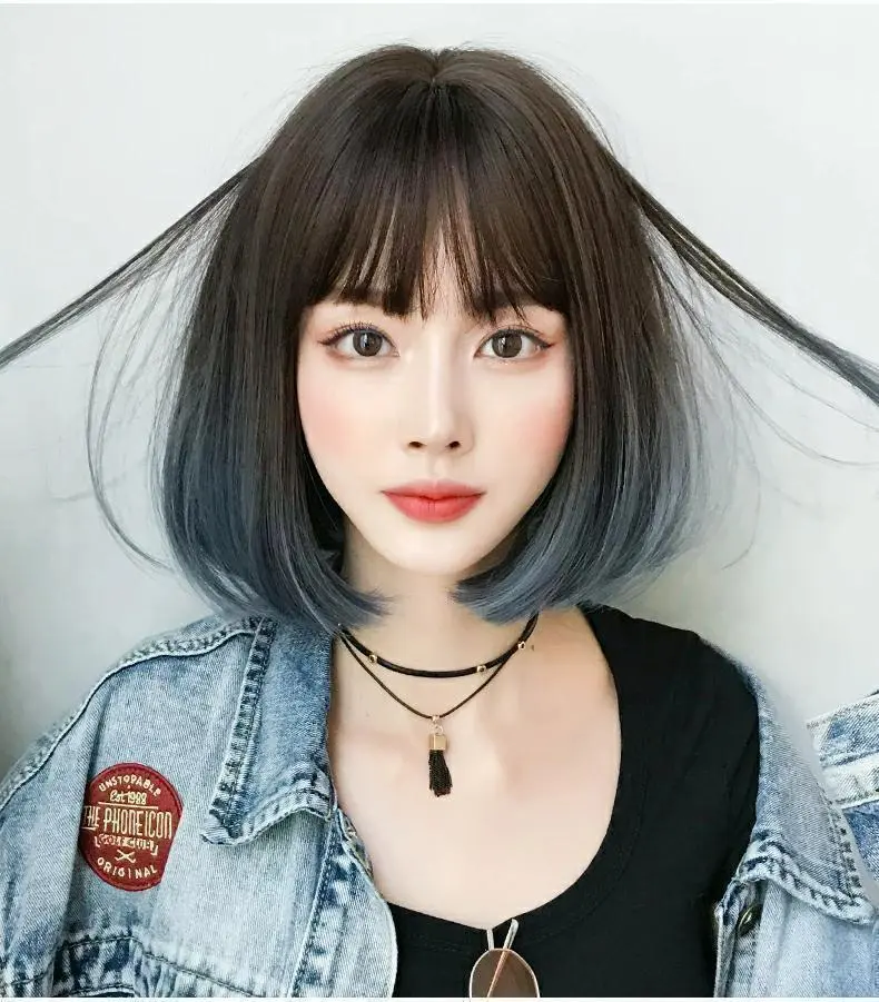 Thumbnail of Wig, semi-long, black, full wig, bob, gradient, blue, wig