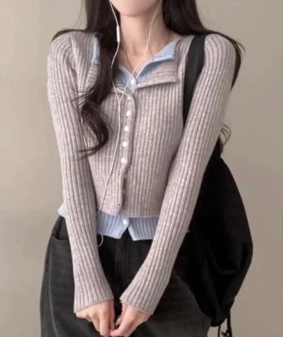 Thumbnail of Rib-knit cardigan, gray and light blue
