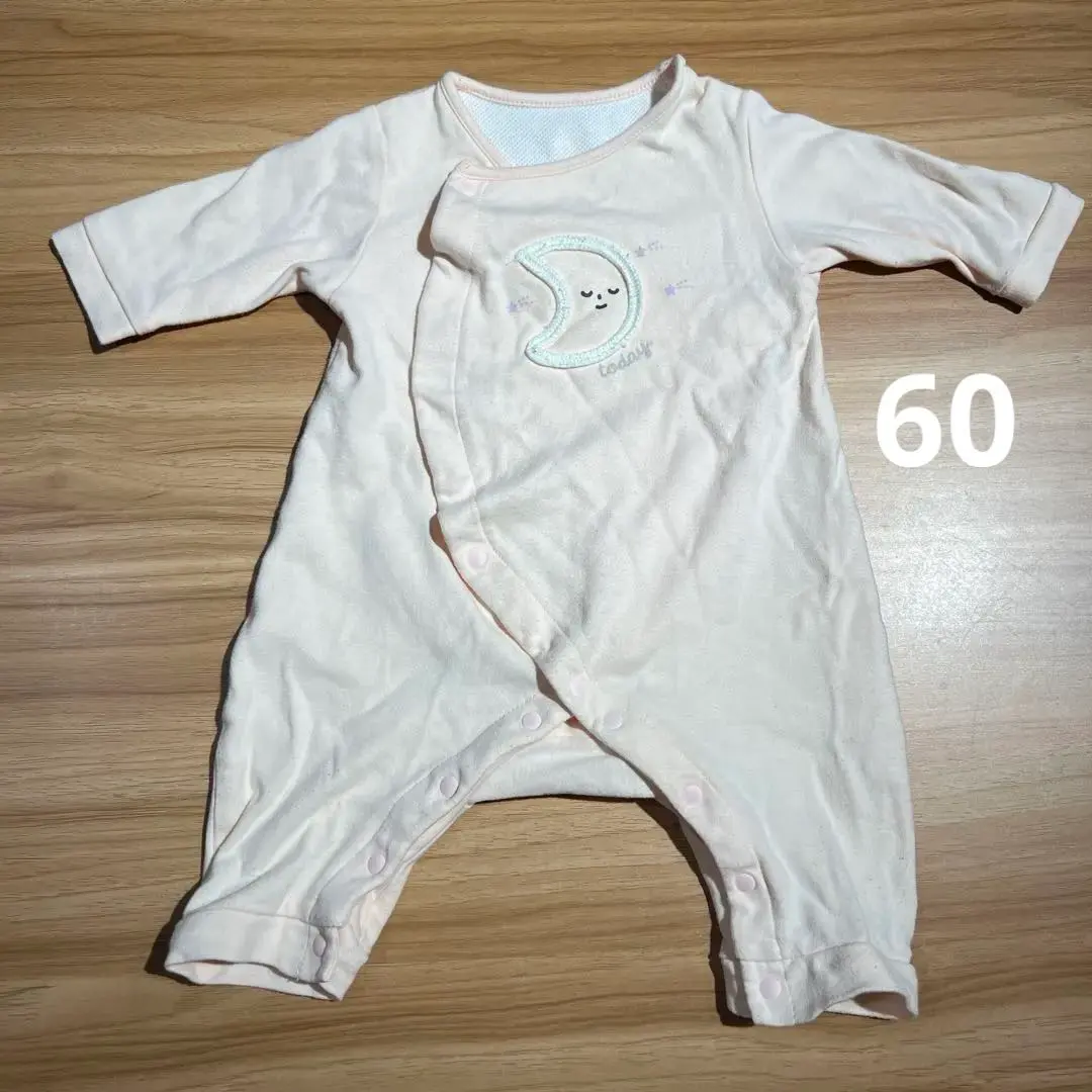 Thumbnail of Pale salmon pink, moon embroidered romper, Akachan Honpo, size 60, some pilling.