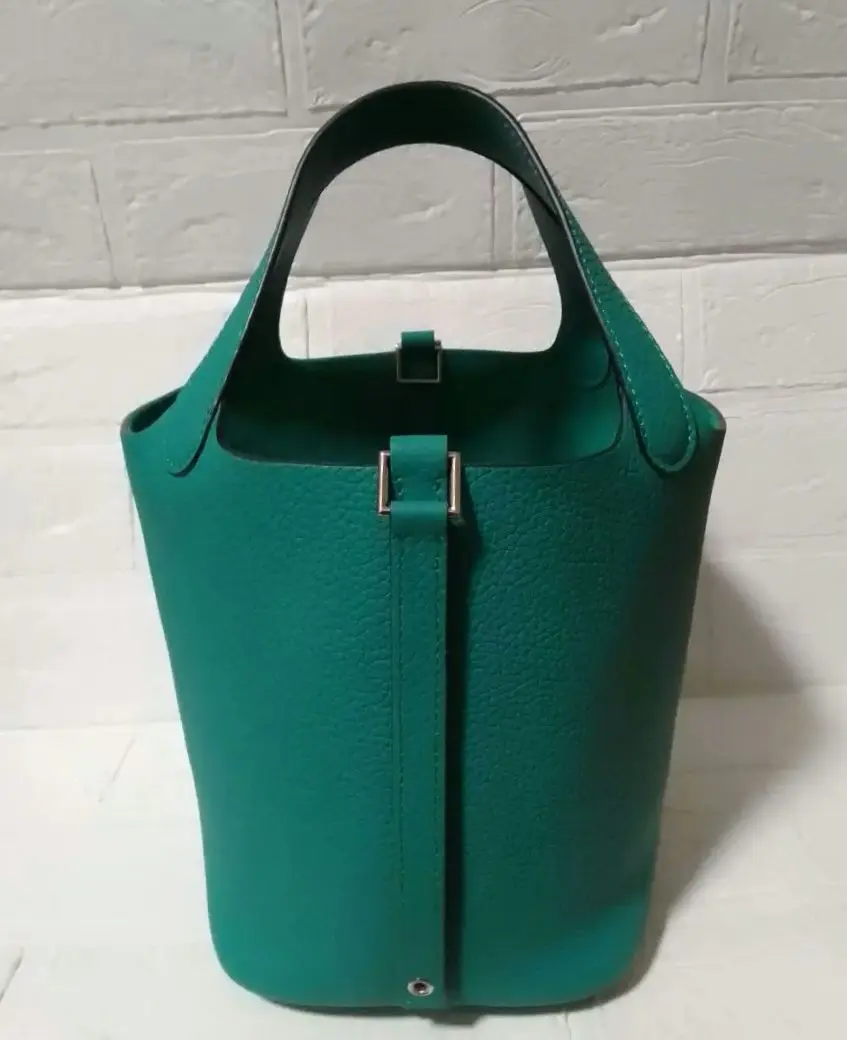 Thumbnail of Price Reduced Again! Beautiful Rakuten 4U Cube Bag PM Bucket Bag Premium Genuine Leather Green