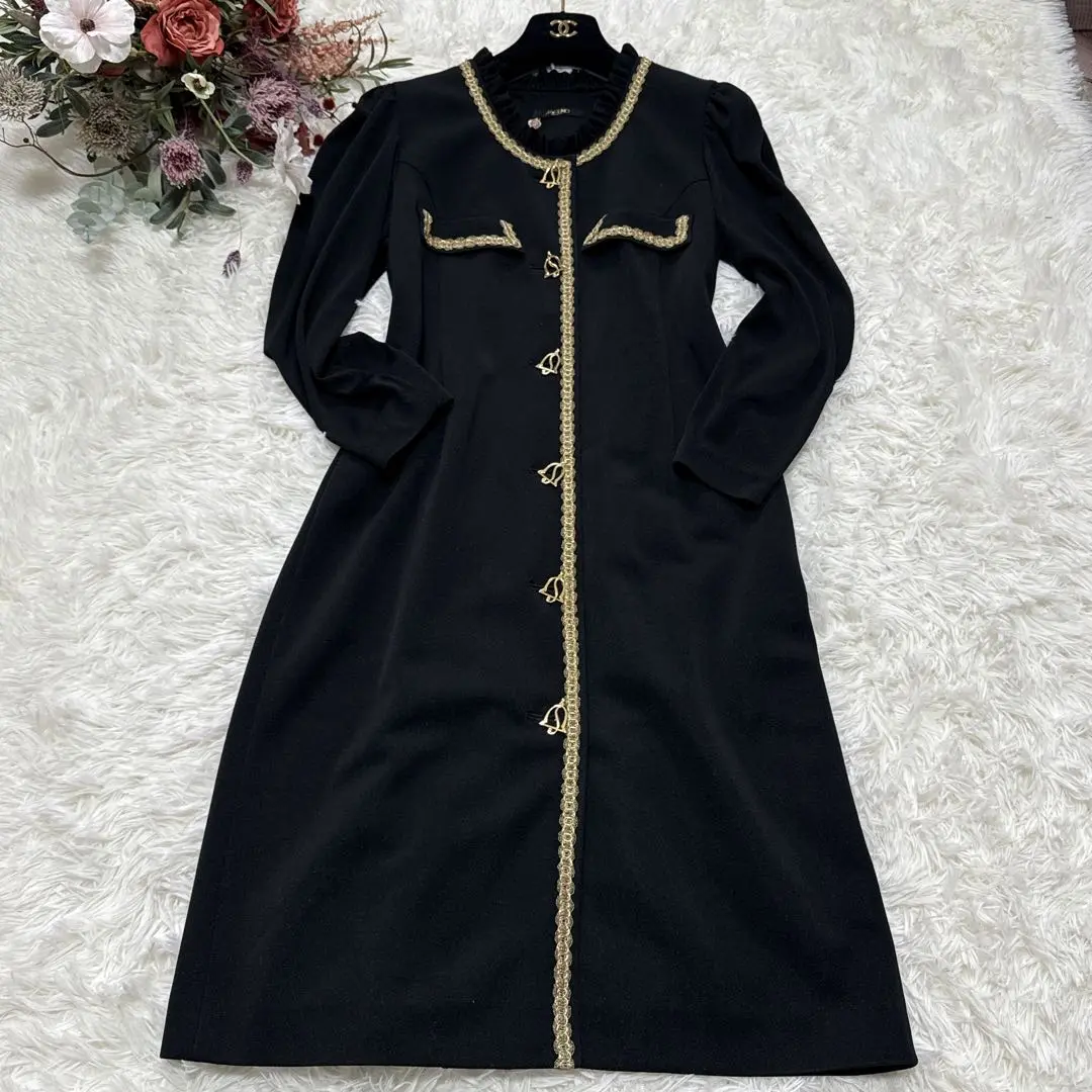ミズレイコ(M)美品/ロングワンピース/七分袖/長袖/黒/ストレッチ
