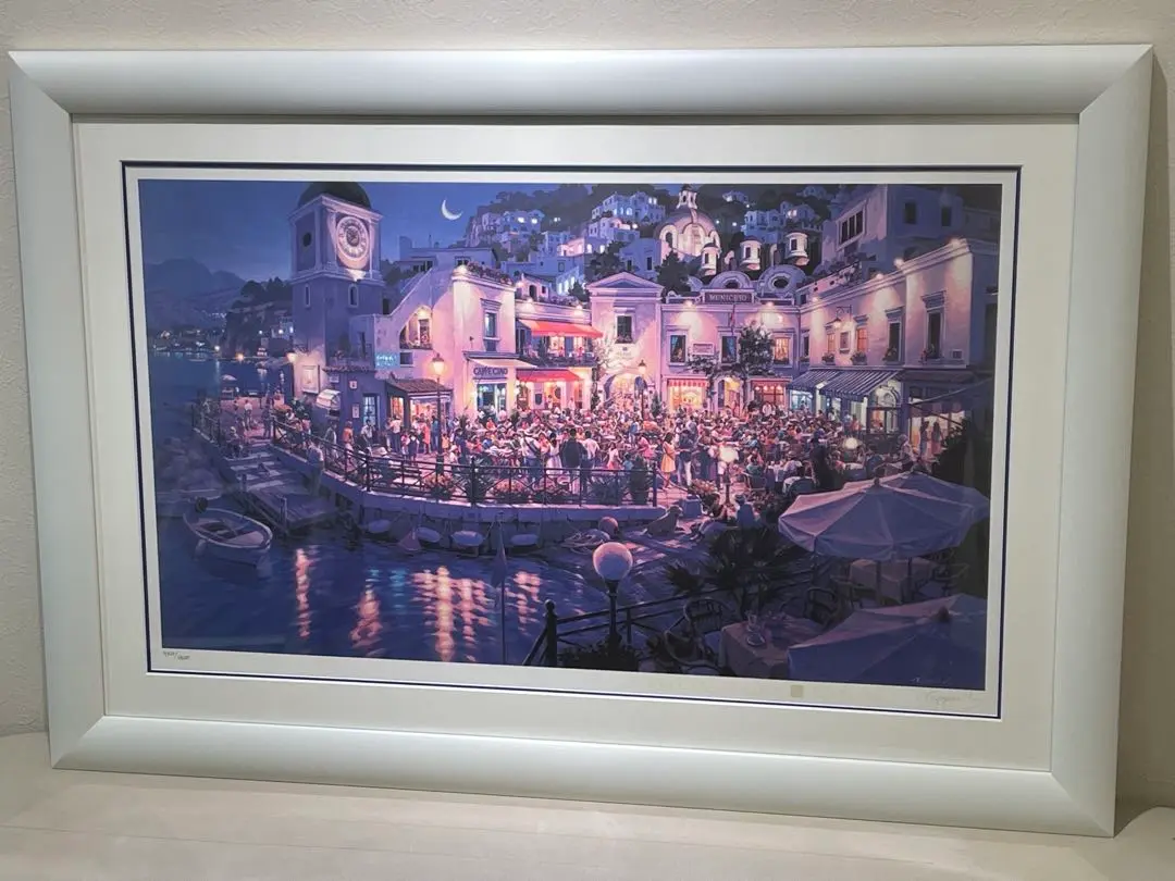 笹倉鉄平代表作、限定ミックスドメデイア版画「カフェ・ベラノッテ」 笹倉鉄平 カフェ・ベラ・ノッテ 海 絵画 風景画 イタリアカプリ