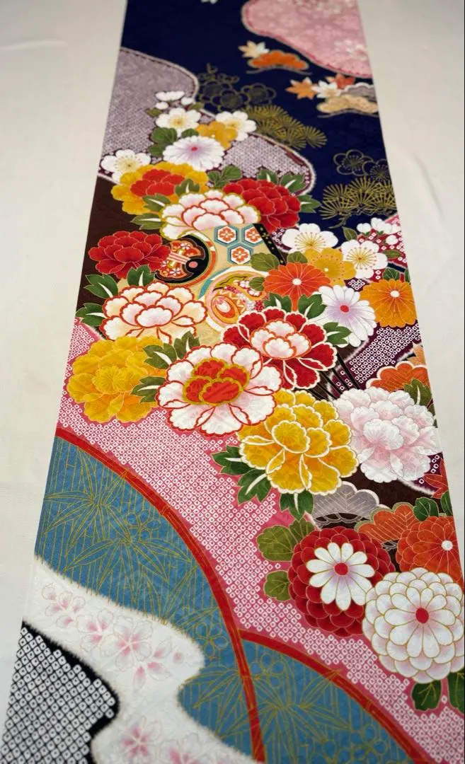 Thumbnail of Kyo Yuzen Fabric Scraps 〈5485〉 Peonies and Dahlias, Cherry Blossoms and Pine, Navy Blue Pattern