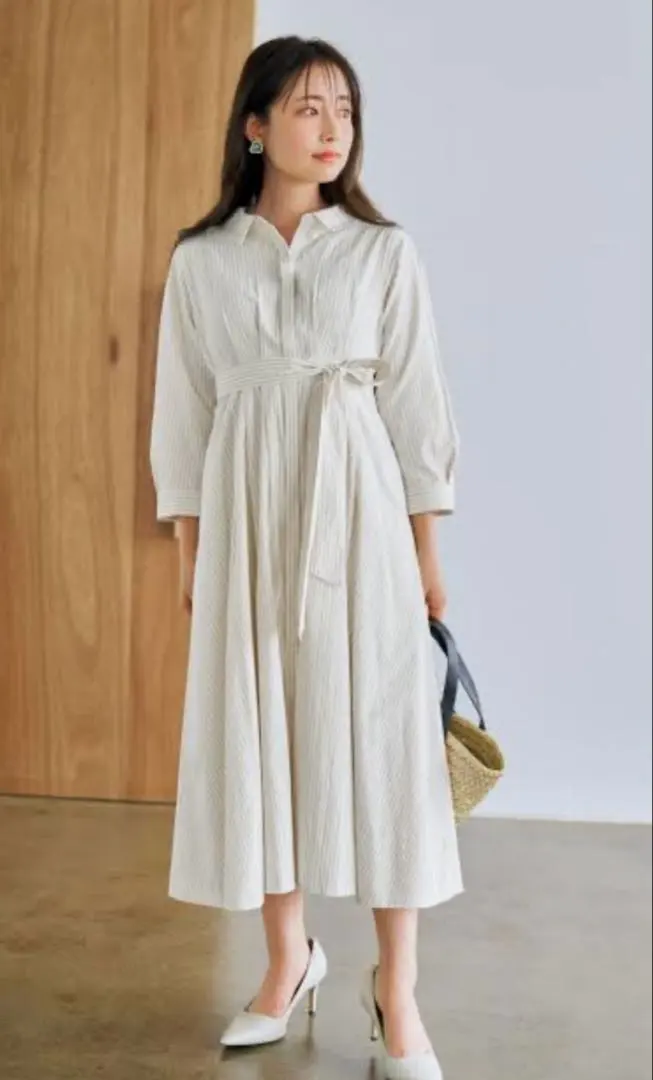 Thumbnail of COHINA Striped Tuck Flare Dress Regular Size Beige