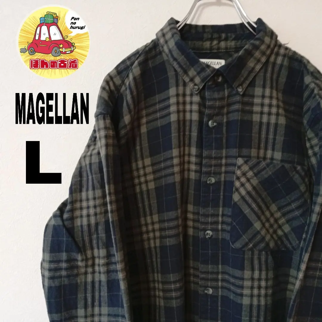 美國古著 MAGELLAN 法蘭絨襯衫 L 深藍色 綠色 格紋 的縮圖