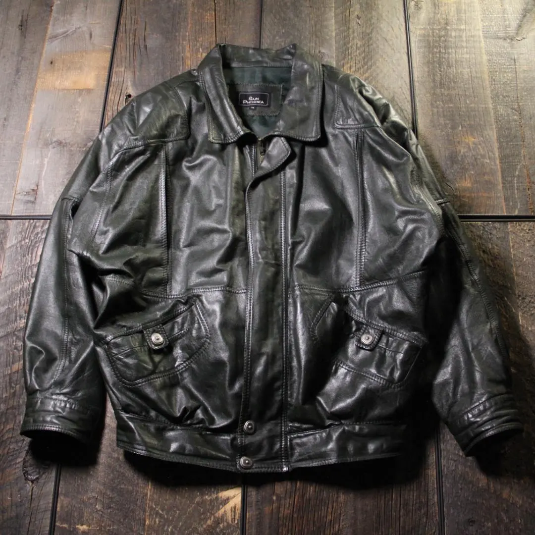 二手 古著 皮革飛行員夾克 深綠 M 粗手臂 短版飛行外套 的縮圖