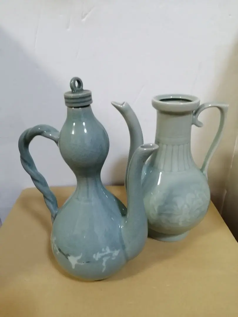 水注　煎茶道具　希少レア大土瓶大きい急須水差し花器時代青い水注し和風かけ有り 水注 煎茶道具 希少レア大土瓶大きい急須水差し花器時代青い水注