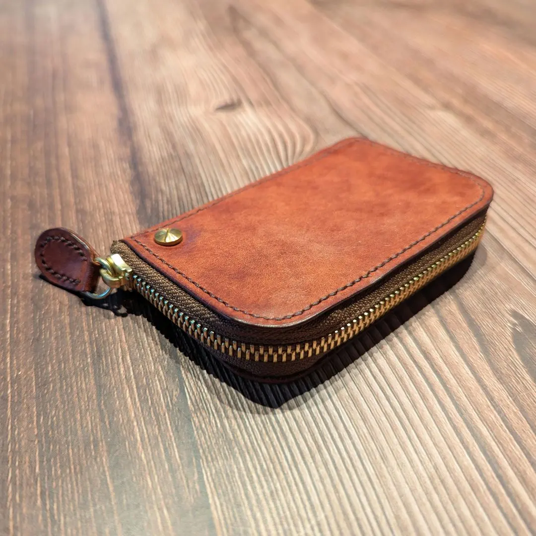 勃艮第紅意大利皮革 × 手工鑰匙包　茶色 的縮圖