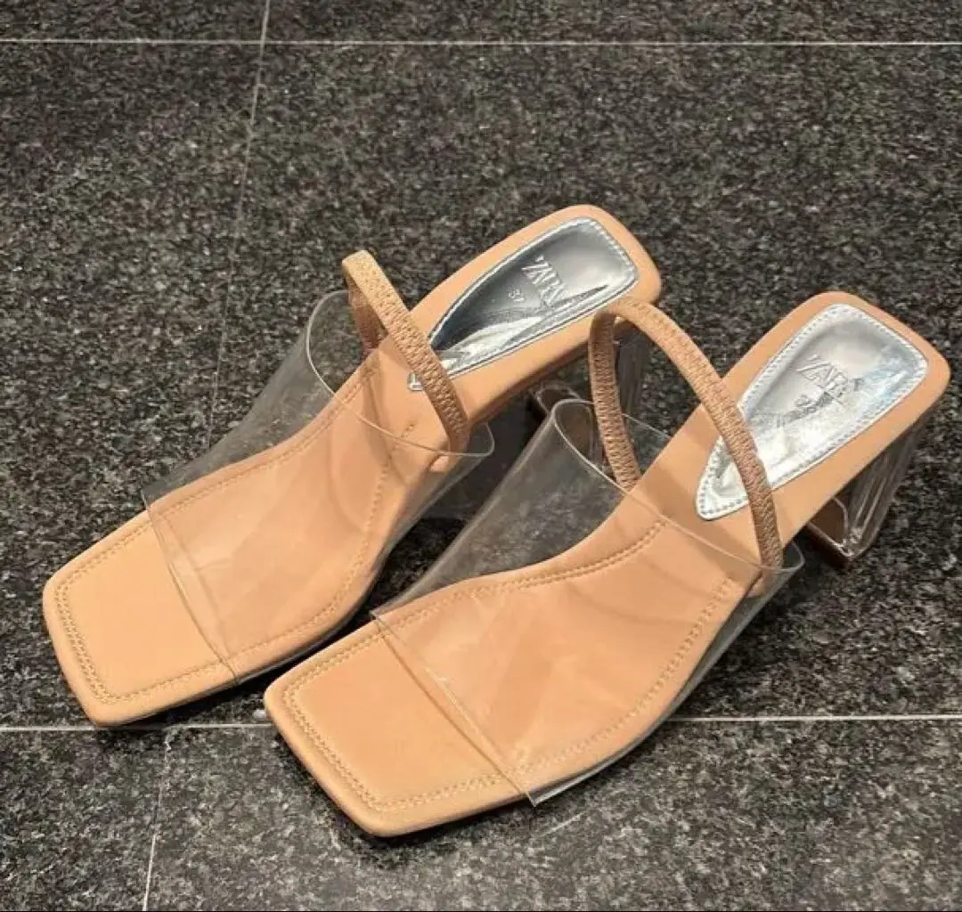 Thumbnail of ZARA Beige Open Toe Strap Sandals with Clear Heels