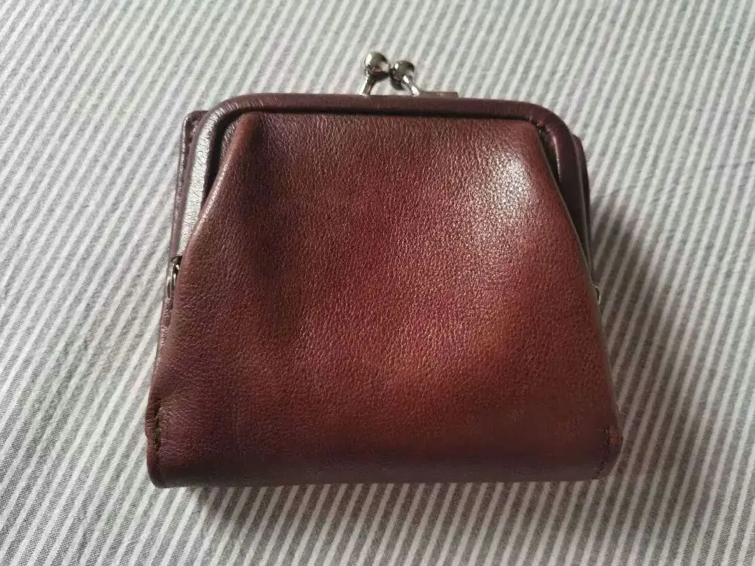 Thumbnail of Brown Leather Kiss-Lock Mini Wallet Bi-fold Coffee Color