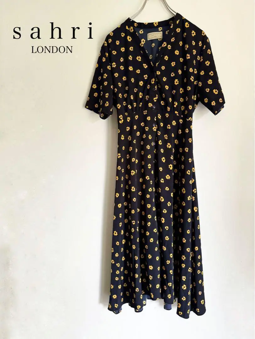sahri London サリロンドン 幾何学模様 ネイビー 長袖ワンピース