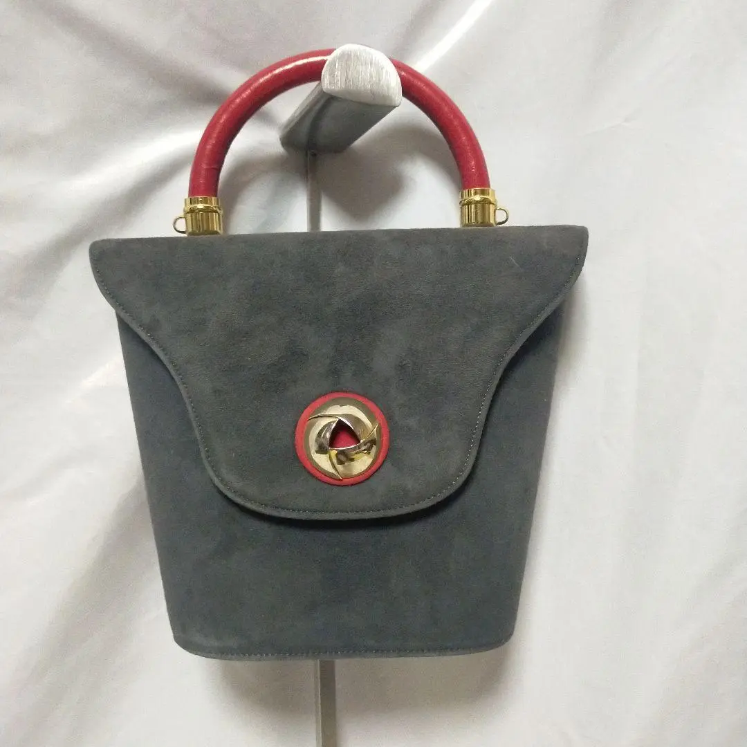 【良品】銀座かねまつ ハンドバッグ レザー×スエード グレー 高級 良品】銀座かねまつ ハンドバッグ レザー×スエード グレー 高級