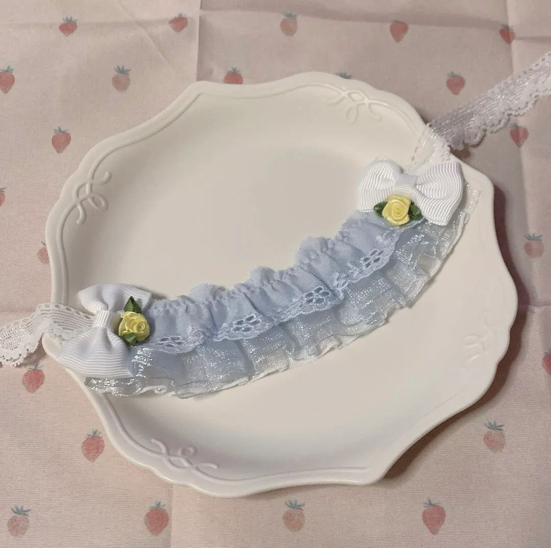 Thumbnail of Doll Clothes Head Dress for Plushies, Blue Roses, White Ribbon, for Howanui, Chibi Gurumi