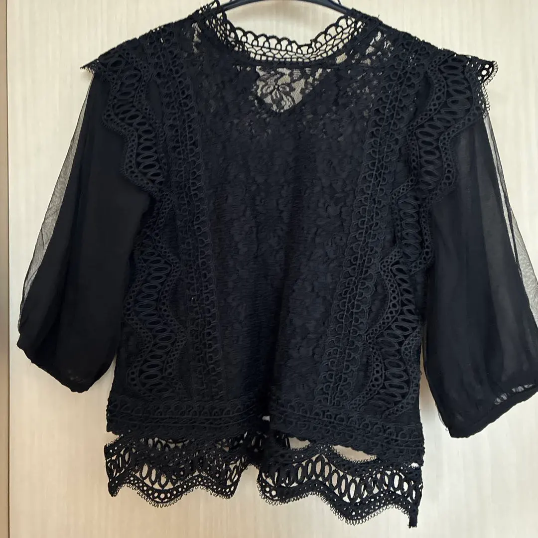 Thumbnail of Black lace top, short sleeves, frills