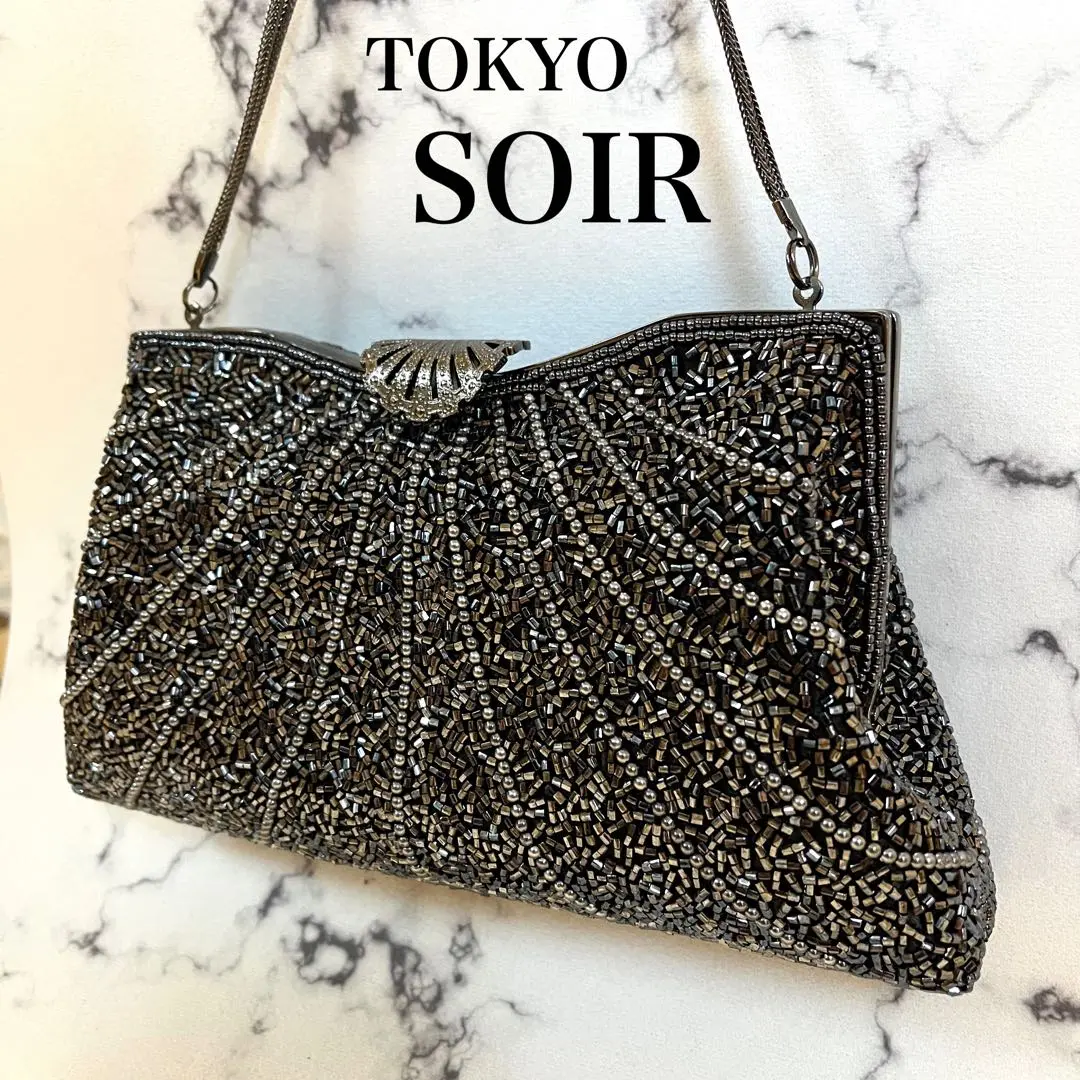 【週末セール】東京ソワール 全面ビーズバッグ ブラック パーティーバッグ 黒 美品】東京ソワール 全面ビーズバッグ ブラック 黒 パーティー