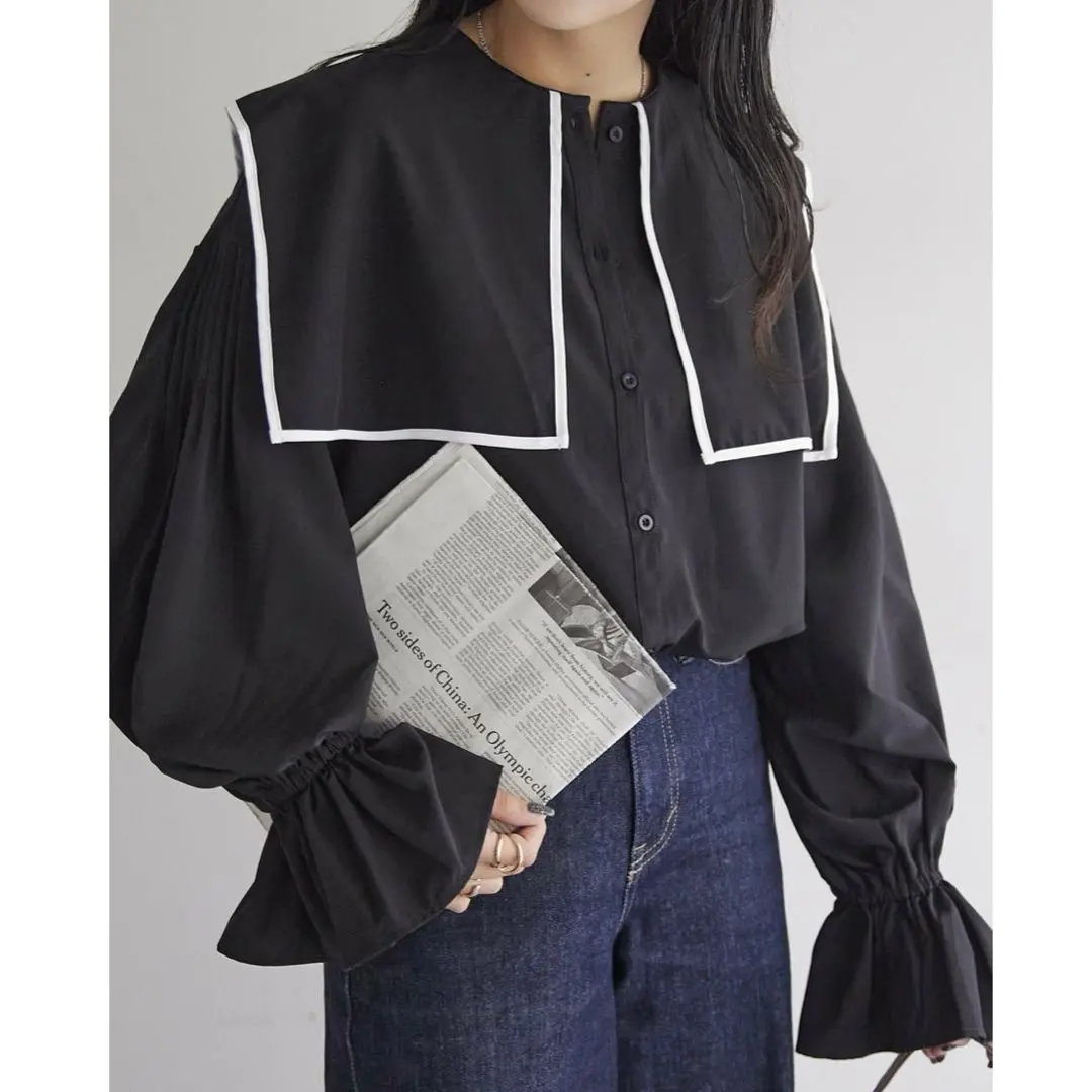 大翻領滾邊襯衫 黑色 的縮圖