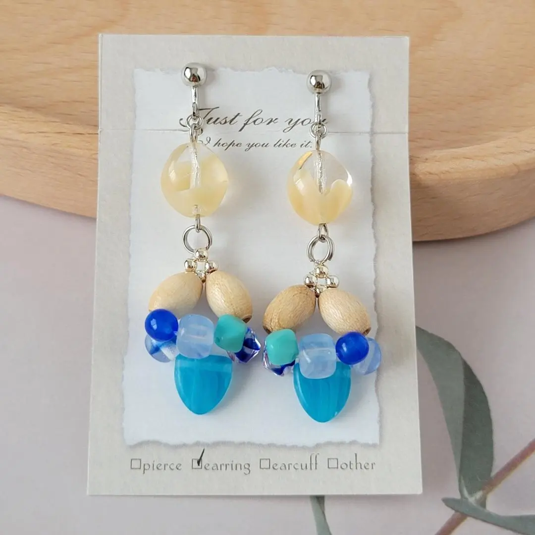 Thumbnail of Light blue Czech glass beads and wood bead earrings, studs also available, handmade, E-21