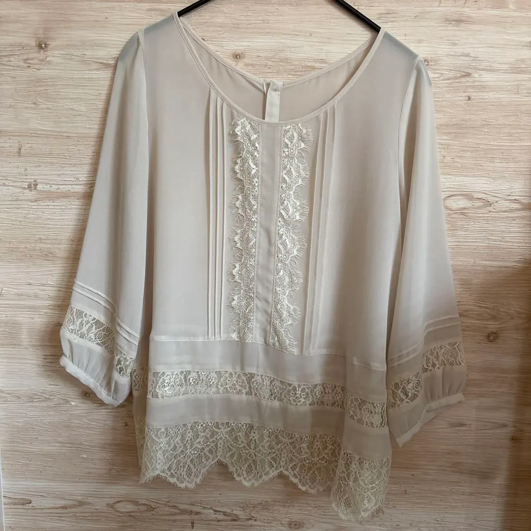 Thumbnail of Chiffon 3/4 Sleeve Blouse with Lace Decoration, Beige