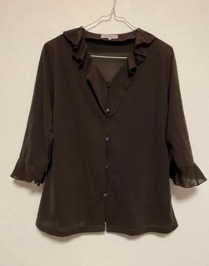 Thumbnail of Dark brown blouse with frills, three-quarter sleeves