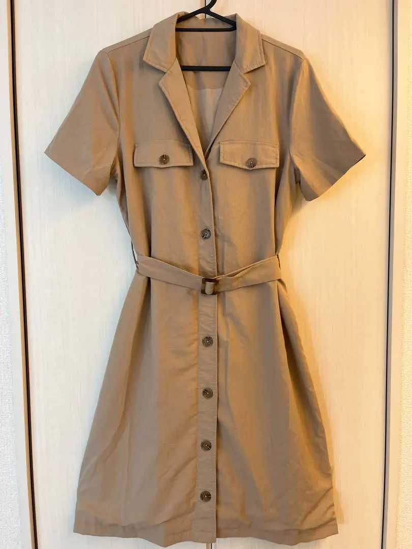 Thumbnail of Beige ⭐︎ Trench coat style short-sleeved dress with button and waist belt