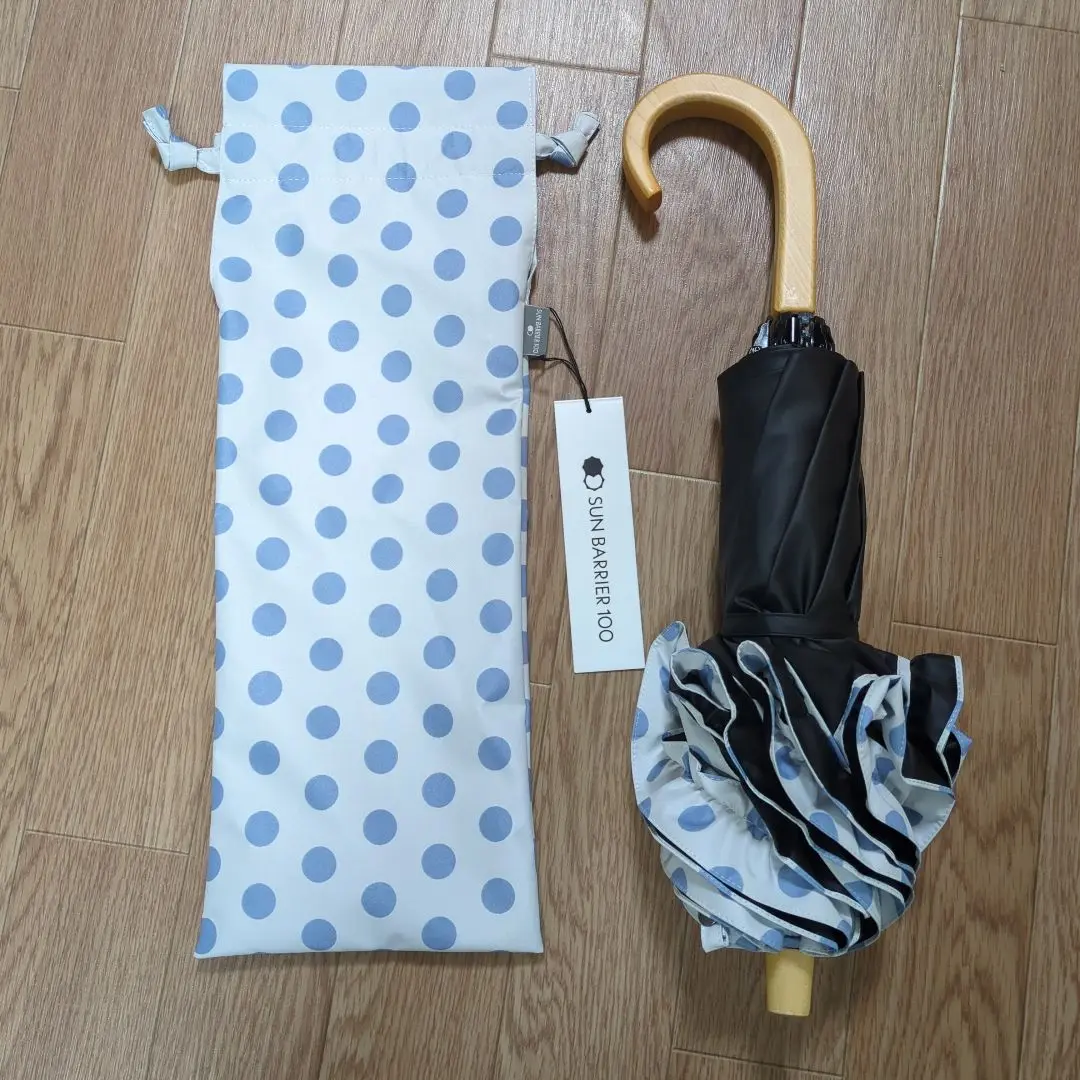 【超美品】サンバリア/SUN BARRIER100 3段折日傘 水玉ブルー 3段折 / 水玉 | 完全遮光日傘｜サンバリア100
