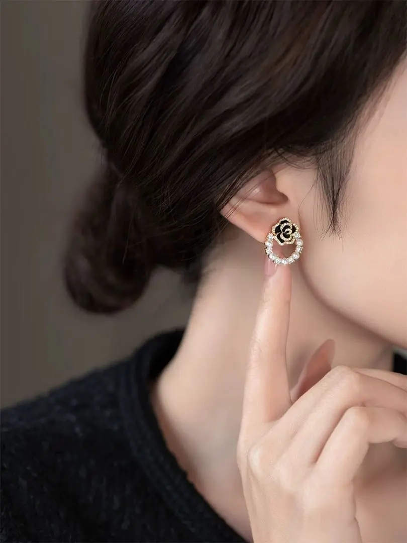 Thumbnail of N205 Camellia - Elegant, Small Pearl, Sparkling Earrings - Korean - Wedding - Commute