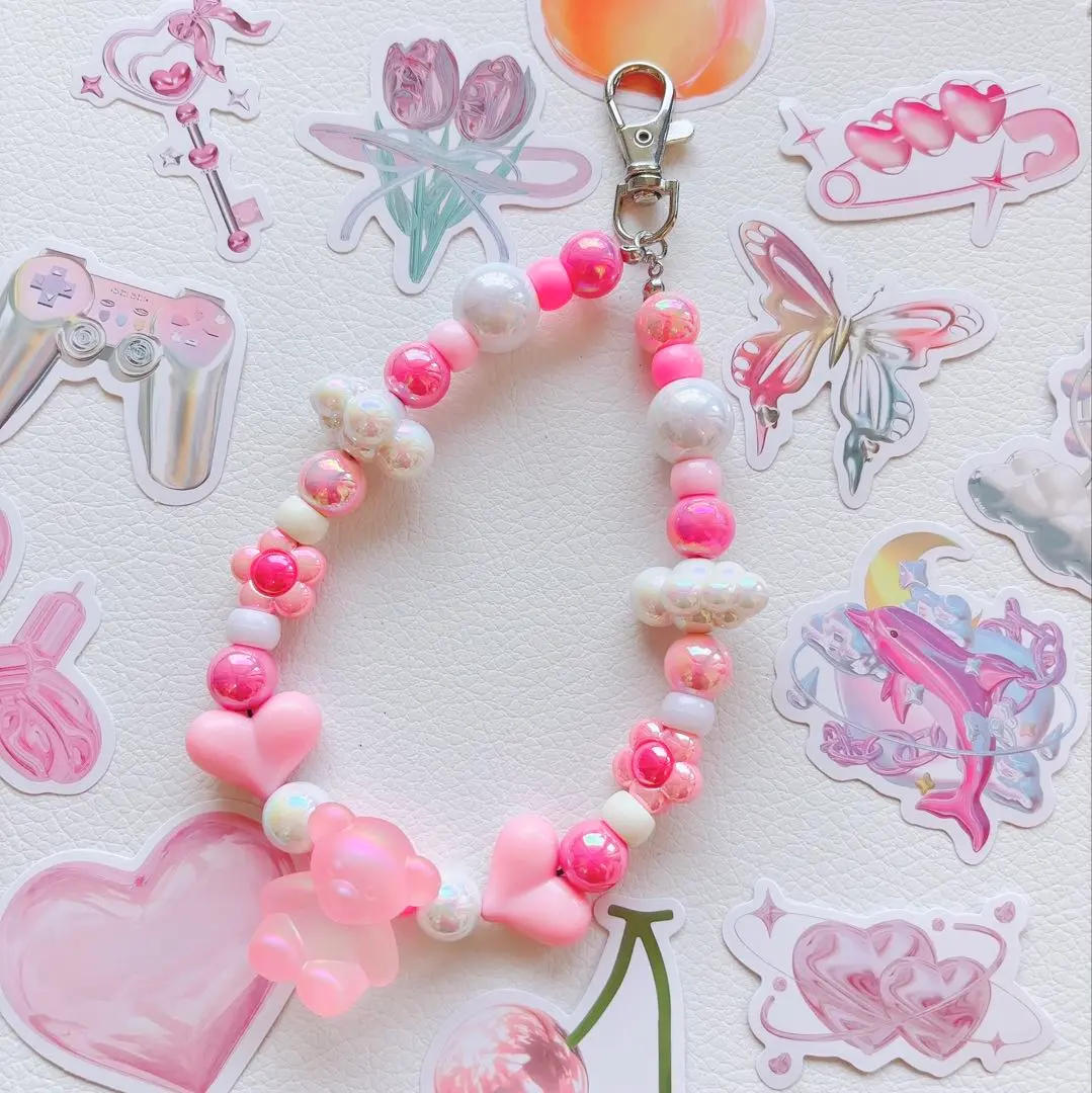 串珠鑰匙圈 粉色 辣妹 手工製作 手機掛繩 的縮圖